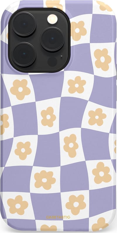 Casetastic hoesje geschikt voor Apple iPhone 14 Pro - MagSafe - Dubbellaagse bescherming - Kronkelende madeliefjes - Fashion Case - Lila Wit Zand Lichtgrijs