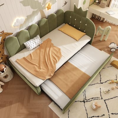 Slaapbank van 90x200 cm met uitschuifbaar bed, eenpersoonsbed van 90x190 cm, logeerbed, L-vormig, fluweel, groen, kroonvormig rasterpatroon, schattig kroon- en rasterpatroon, ruimtebesparend voor kinderkamers, logeerkamers, exclusief matras
