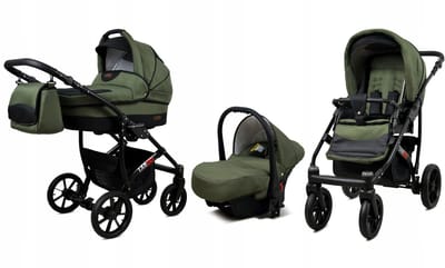 BabyLux® Kinderwagen 3in1 – LARGO - OLIVE BLACK BLACK FRAME - Opklapbare Wandelwagen incl. Reiswieg, Multifunctionele Buggy Sportstoel, Autostoel - Combi-kinderwagen met Luiertas, Regenhoes, Klamboe, Bekerhouder, etc.