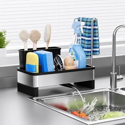 SnelShoppen - RVS Sink Organizer met Afvoergoot, Zelfafvoerende Keuken Caddy voor Spons, Borstel en Doek, Compact en Roestvrij, Keukenaccessoires in Z
