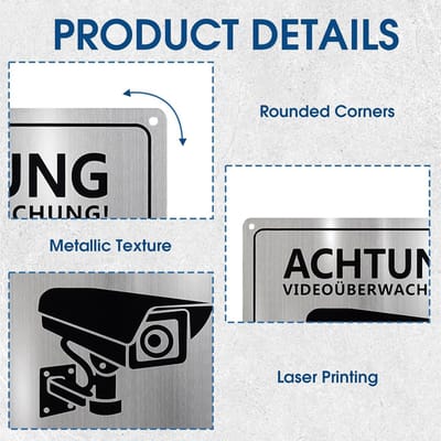 Let op videobewaking bord 15 x 15 cm - Aluminium sticker met 4 boorgaten voor binnen en buiten - Zelfklevend camerabewaking schild - 2 stuks