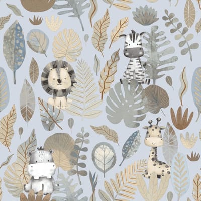 Behang - Jungle Dieren - Aquarel - Babykamer Jongen - Blauw Bruin - Kinderkamer - Safari Behang - Nijlpaard Zebra Leeuw Giraf - 0,53 x 10,05 M - Happy