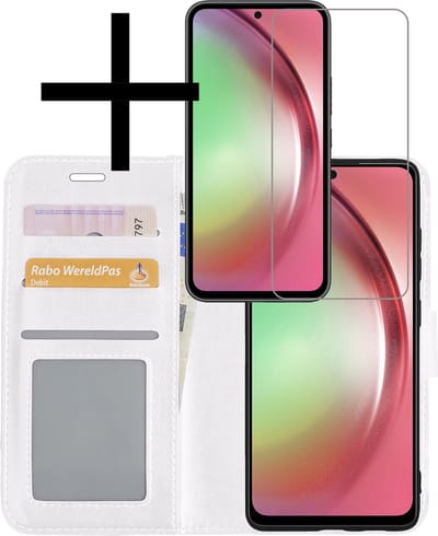 Hoesje - Met Screenprotector - Geschikt voor Samsung Galaxy A54 - Luxe Pasjeshouder - Bookcase Portemonee - Flip Case - Kunstleer Book Case - Flipcase - Book Cover - Walletcase - Portemonneehoes - Wit