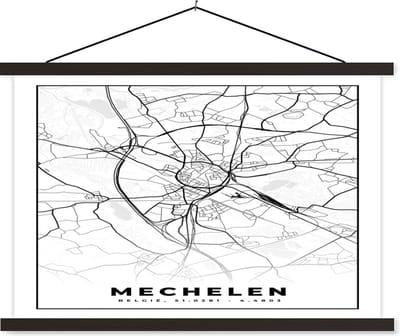 Posterhanger incl. Poster 60x40 cm - Schoolplaat - België – Mechelen – Stadskaart – Kaart – Zwart Wit – Plattegrond - Textielposter - Zwarte latten - Stadskaart