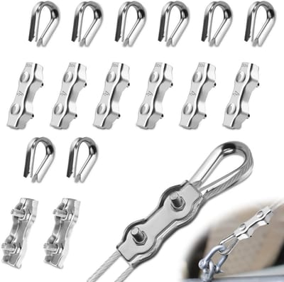 16pcs Kabel Clips M4 Set - 8 Pcs Kabel Clips 4mm - 8 Pcs Draad Rope Stockings 4mm RVS 304 Duplex Klem Kabel Clips voor Stalen Kabel Kledinglijn Spanner Luifel Bevestiging