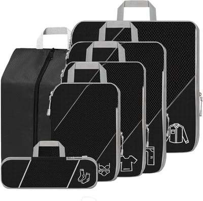 Thijox - 6 Stuks Zwarte Compressie Packing Cubes, Reis- en Organizertassen voor Koffers en Rugzakken, Ideaal voor Vakantie, Camping en Weekendjes Weg