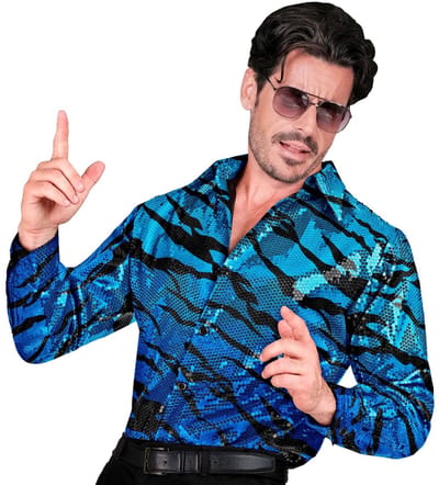 Widmann - Paillettten Overhemd Joe Exotic Tijgerkoning Man - Blauw - Small / Medium - Carnavalskleding - Verkleedkleding