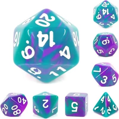 Polyset Dice | Dobbelstenen - Set Van 7 Stuks - Paars Groen Blauw en Wit | Polydice | Voor D&D en Andere Rollenspellen | Plastic Dobbelstenen Set voor Dungeons and Dragons | Polyhedral Dice Set | Met Mooie Zwarte Velvet Dice Bag voor Ongeveer 3 Sets