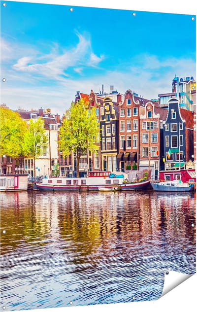 Gards Tuinposter Amsterdamse Huisjes aan het Water - 120x160 cm - Tuindoek - Tuindecoratie - Wanddecoratie buiten - Tuinschilderij