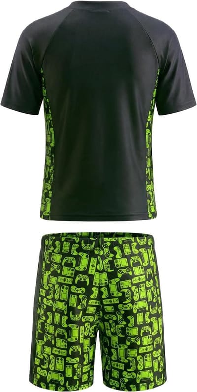 Set van 2 jongens zwemsets met korte mouwen, sneldrogende zwemshorts en UV-bescherming voor kinderen van 5-14 jaar