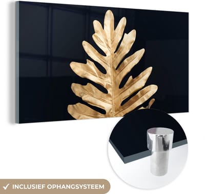 MuchoWow® Glasschilderij 120x60 cm - Schilderij acrylglas - Bladeren - Herfst - Goud - Zwart - Natuur - Luxe - Foto op glas - Schilderijen
