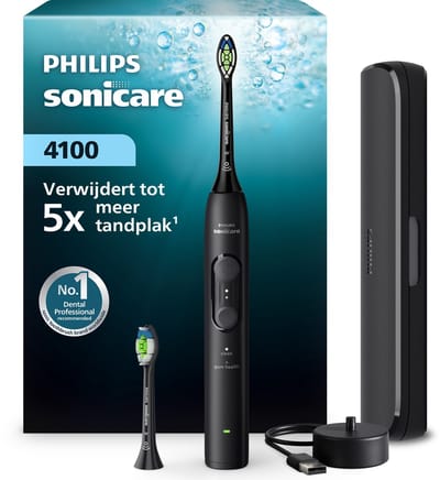 Philips Sonicare 4100 Series – Elektrische Tandenborstel – Zwart – Wittere tanden – Met 2 opzetborstels & reisetui – HX4044/52