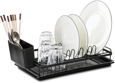 Unyqoos® Afdruiprek voor Compacte Keukens met Bestekhouder en Lekbak, 39 x 23 x 8 cm, Zwart