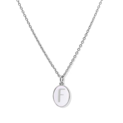 New Bling 9LA-20059-F Zilveren Ketting met Letterhangertje - F - Ovaal - 12x8,8mm - Emaille - Lila - Initiaal sieraad - Rhodium - Zilver