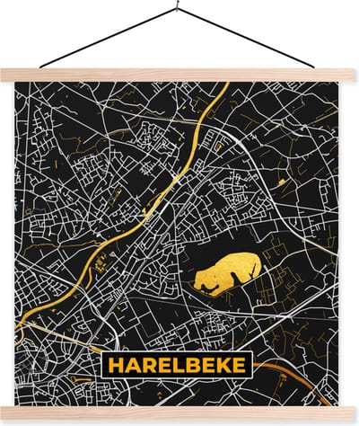 Posterhanger incl. Poster 40x40 cm - Schoolplaat - Stadskaart - Harelbeke - Plattegrond - Goud - Kaart - Textielposter - Blanke latten - Stadskaart