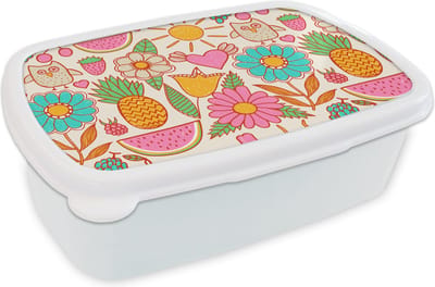 Broodtrommel Wit - Lunchbox - Brooddoos - Uil - Regenboog - Bloemen - Kinderen - Patroon - 18x12x6 cm - Volwassenen