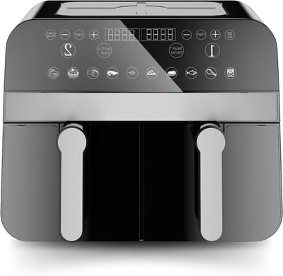 Airfryer Dubbele Mand - Heteluchtfriteuse Gezond Koken - Gezinsmaaltijden Bereiden - Twee Gerechten Tegelijk - 9 Liter - Zwart