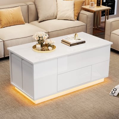 100x50x45 cm vier-in-één verstelbare salontafel met LED-verlichting - met 2 lades - inclusief bank en 2 krukken - met opbergruimte - wit