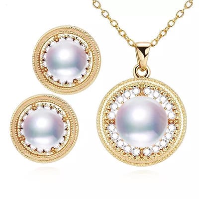 N3 Collecties Ronde gouden natuurlijke zoetwater parel ketting oorbellen set