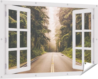 Gards Tuinposter Doorkijk Highway in Californië Omring met Bos - 150x100 cm - Tuindoek - Tuindecoratie - Wanddecoratie buiten - Tuinschilderij