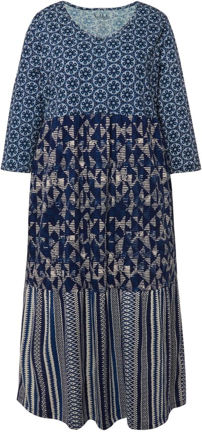 Ulla Popken - Dames - Jersey jurk motiefmix A-lijn V-hals 3/4-mouwen - Marine - Maat 66+