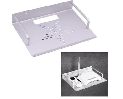 Zilveren compacte aluminium projector wandplank 23x16,5cm, geperforeerd ventilatieoppervlak met valbeschermranden, boormodel voor mini projectoren en multimedia apparaten