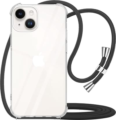 Hoesje met Koord geschikt voor iPhone 13 / 14 / 15 Transparant - Doorzichtig Zwart Shockproof Koord hoesje geschikt voor iPhone 13 | 14 | 15 - Hoesje met touw