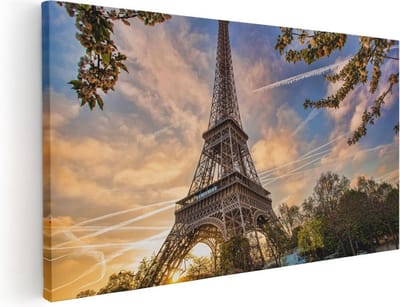 Artaza Canvas Schilderij Eiffeltoren - 40x20 cm - Klein - Wanddecoratie Parijs - Muurdecoratie Zonsondergang - Schilderijen Op Canvas Bloesem