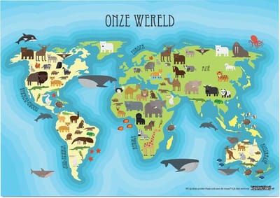 Educatieve poster (Posterpapier) - Topografie onze wereld dierenrijk - 70 x 50 cm (B2)