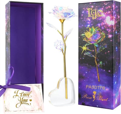 Eeuwige Roos - Geschenk Bloemen - Cadeau Geven - Handgemaakt Kristal - 25 cm Hoog - Regenboog