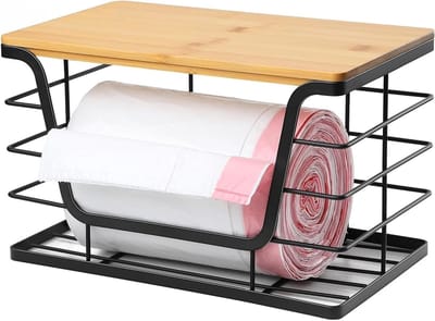 Afvalzakhouder van RVS met Bamboe Deksel, Wandmontage, Compact en Roestvrij voor Keuken en Badkamer (30 x 20 x 15 cm)