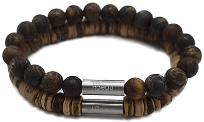 H-Beau - Duo – Cadeau - Set van 2 Handgemaakte Armbanden - Breedte: 8mm – Lengte: 19cm – Bruin - Beige - Mannen Armband - Natuurstenen - Natuurkralen - Bronziet – Kokos – Hout - Kralen - RVS Kraal – Mat – Heren – Unisex - Geschenk