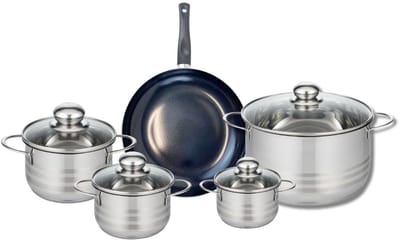 Set van 1 Koekenpan 24 cm en 4 kookpotten 12, 14, 16 en 24 cm Elo Prima Glanzend