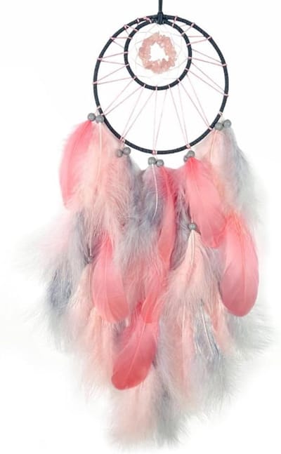 JGS Premium - Dromenvanger 65 cm handgemaakt Boheemse stijl wandbekleding vintage veer - Grijs/Roze - Sfeervolle kamerdecoratie met handwerk ornamenten