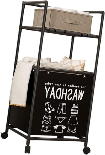 Wasmand met wielen - Opbergmand Kleding - Ruimte Organiseren - Verwijderbare planken - 42 x 31 x 103 cm - Zwart