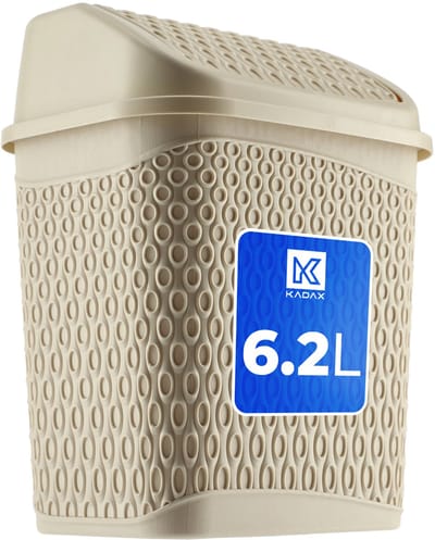 KADAX Vuilnisemmer met schommeldeksel, afvalemmer met deksel, afvalemmer van plastic, prullenbak met roldeksel, beige