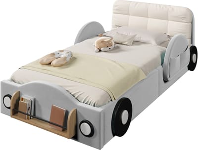 Gestoffeerd bed 90x200 cm - Grijs bed met opbergruimte - Kinderbed met hydraulische bedkast, zijvakken en boekenplank, velours bekleding