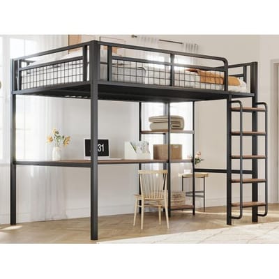 ModernLuxe Metalen hoogslaper 140x200 cm - met bureau en veiligheidsladder - Zwart