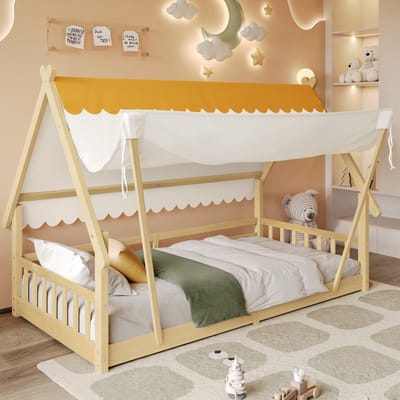 Sweiko Houten kinderbed - 90 x 200 cm - Afneembare hemel - Grenenhout + MDF - Natuurlijke