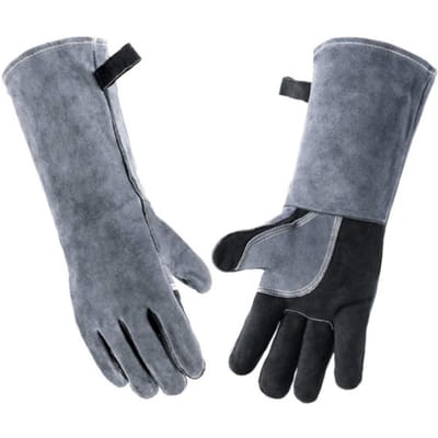 1 Paar Smeedlas Handschoenen Hittebestendig Rundleer BBQ Handschoenen Kookhandschoenen voor 14 Inch gray