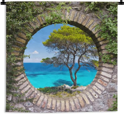 Wandkleed - Wanddoek - Zee - Boom - Tropisch - Doorkijk - 180x180 cm - Wandtapijt