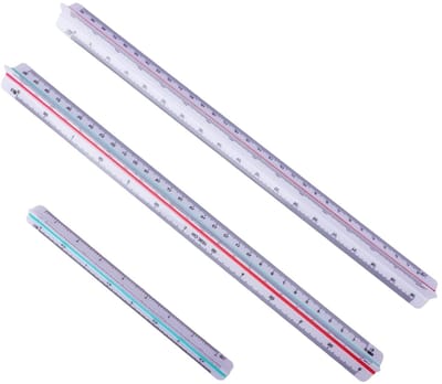 Set van 3 plastic linialen 30 cm met architectonische schalen 1:20 tot 1:500 voor nauwkeurig tekenen