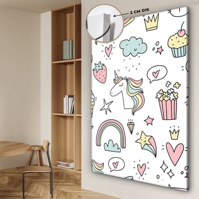 Canvas schilderij kinderen - Muurdecoratie kinderkamer - Eenhoorn - Meisjes - Regenboog - Roze - Design - Wanddecoratie meisjes - Canvas schilderij kinderen - 120x180 cm