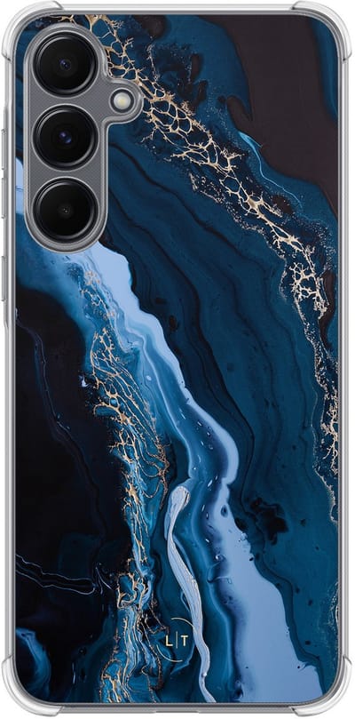 Shockproof hoesje - Geschikt voor Samsung Galaxy A35 - Marmer lagoon blauw - Extra sterke case - TPU/polycarbonaat - Marmer - Blauw, Transparant