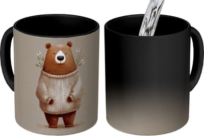 Magische Mok - Foto op Warmte Mokken - Koffiemok - Beer - Witte bloemen - Knus - Magic Mok - Beker - 350 ML - Theemok