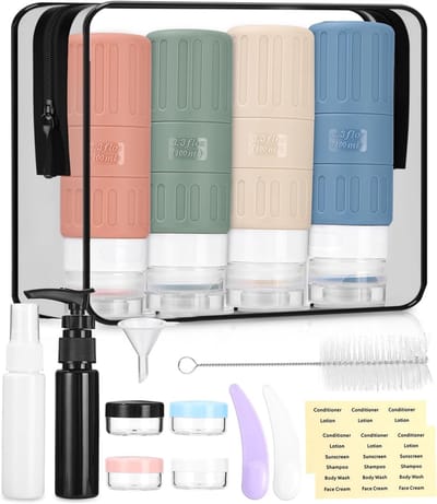 Famanu – Siliconen reisflessen - 100 ml - set met opbergtas - 16 stuks - bisfenol A-vrij - draagbaar - voor lotion - spoeling - douchegel