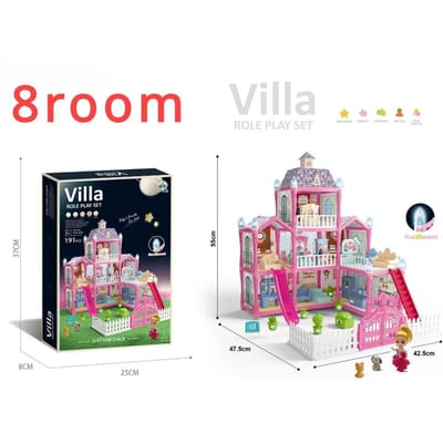 Maison de Poupées pour Filles 2/8 Pièces Maison de Poupées avec Figurines de Poupées Meubles Lumière LED Aire de Jeux pour Tout-Petits Cadeau de Noël pour Enfants Enfant