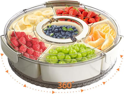 Gedeelde Serveerschaal Met Deksel En Handvat - Stapelbare Snackbox Voor Fruit En Snoep - Draagbare Draaibare Ronde Groentebak - 30.4x10 cm - Voor Keuken - Feest - Reis En Picknick - 1 Stuk