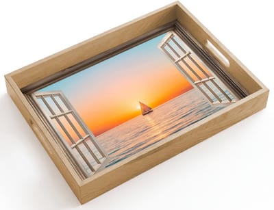 Dienblad hout 40x30 cm - Schootdienblad - Doorkijk - Zee - Boot - Zonsondergang - Borrelplank rechthoek - Plateau dienbladen