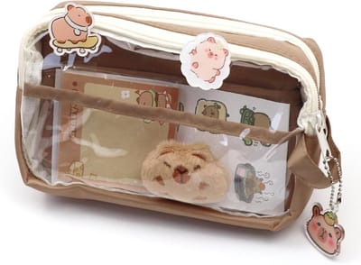 JGS Premium - Grote Capaciteit Etui Transparant Aesthetic Design voor Tieners met Ruimte voor Pennen - Koffiekleurige Etui met Transparante Capybara Print